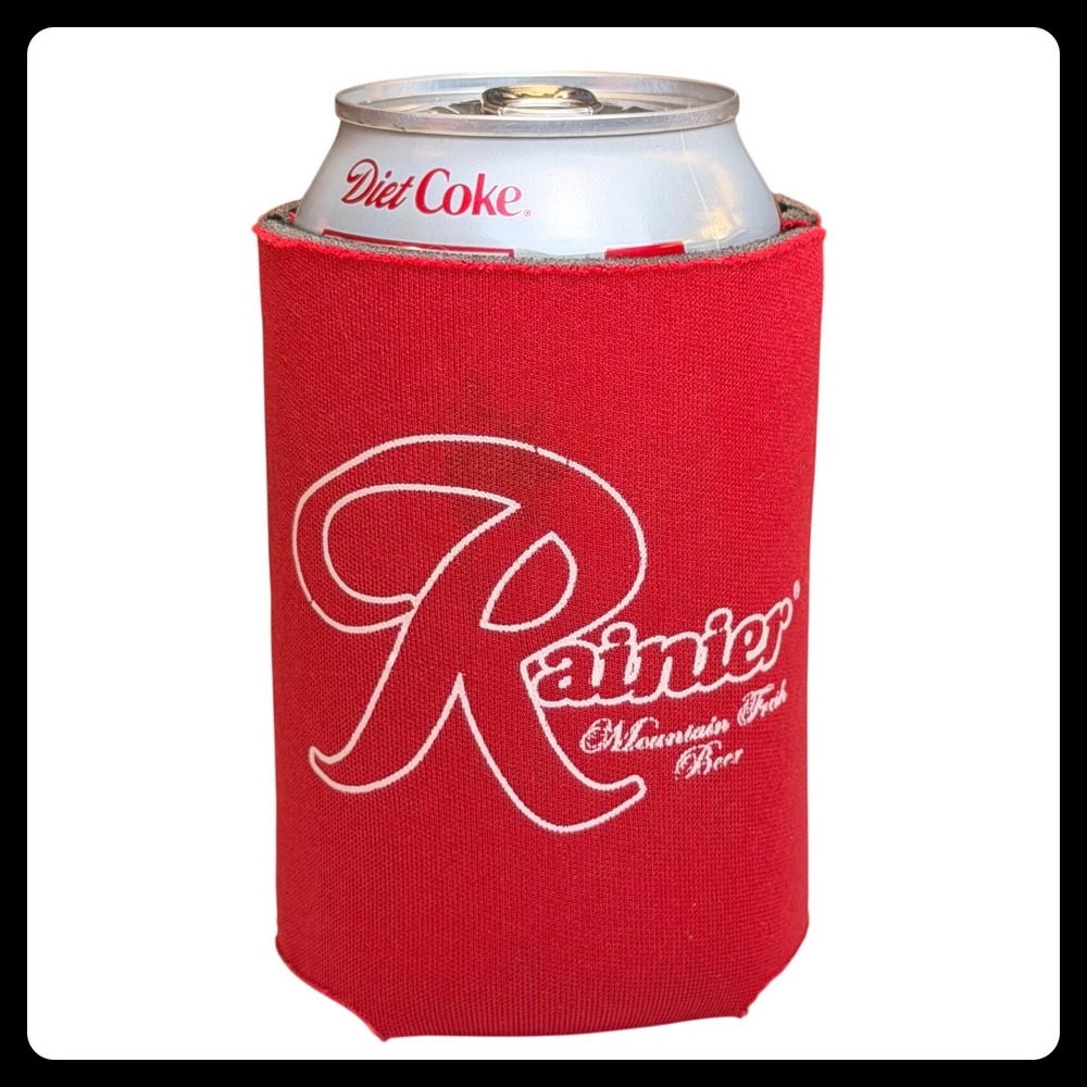 Rainier Beer Koozie Can Sleeve Cooler Red Neoprene Mountain Fresh Logo PNW